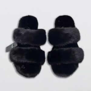 Yves Saint Laurent Black Fur Slides